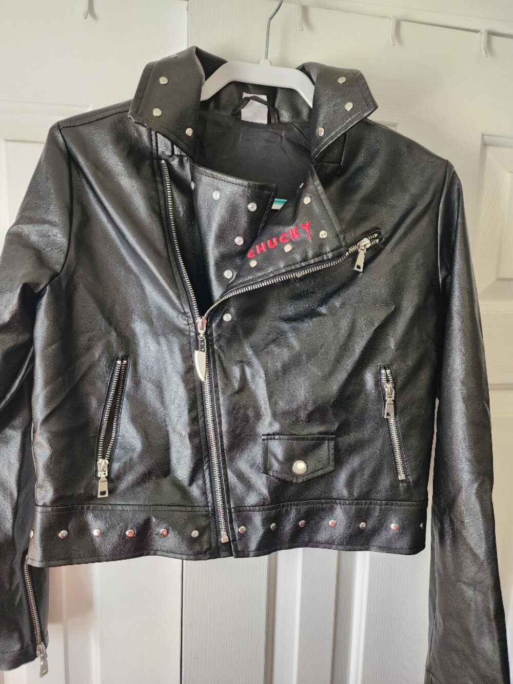 Bride of Chucky Tiffany Faux Leather Moto Jacket Black Studded Horror Size Med - Picture 2 of 3